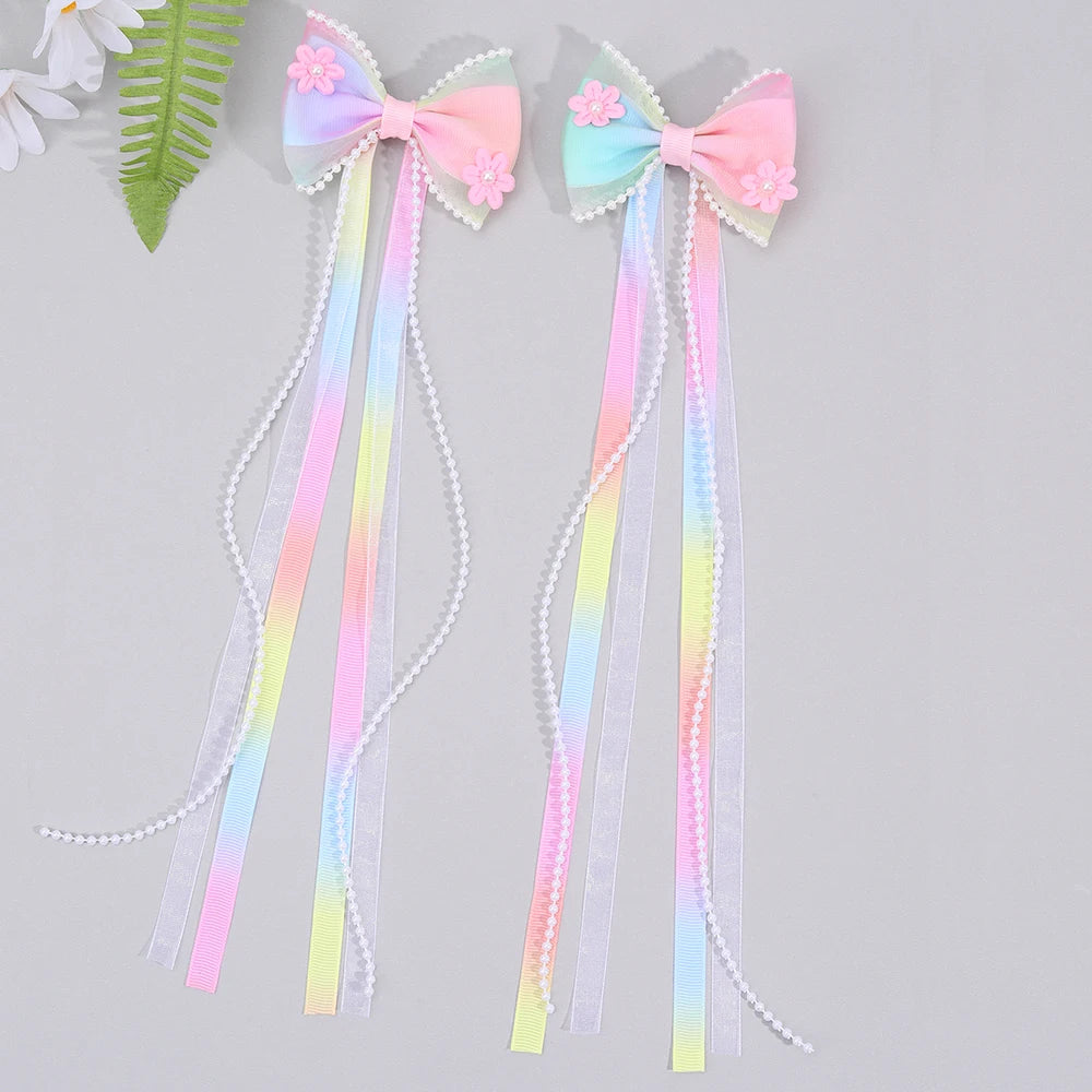 Sweet Pearl Long Tassel Hairpin Girls Satin Ribbon Hair Clip Barrettes Kids Party Hair Accessories Headwear Ponytail Clips