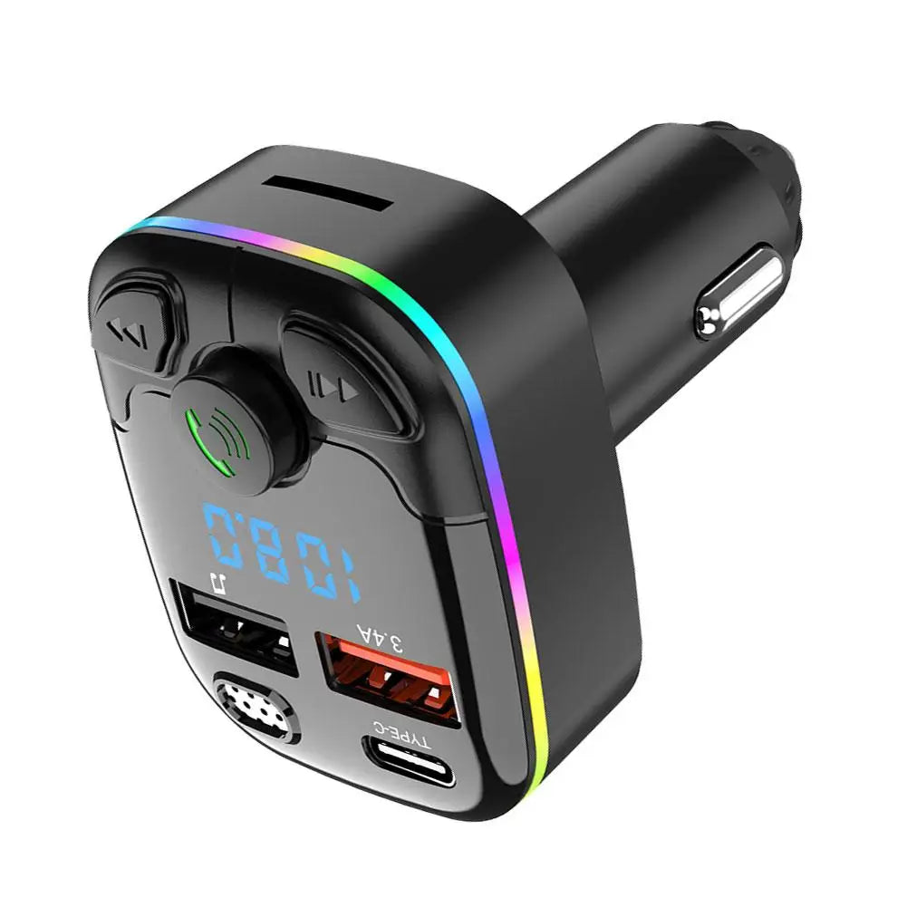 Bluetooth 5.0 Car FM Transmitter PD Type-C Dual USB Ambient Player MP3 Charger Type-C Wireless Light 18W Handsfree PD QC3.0 Y3Z4