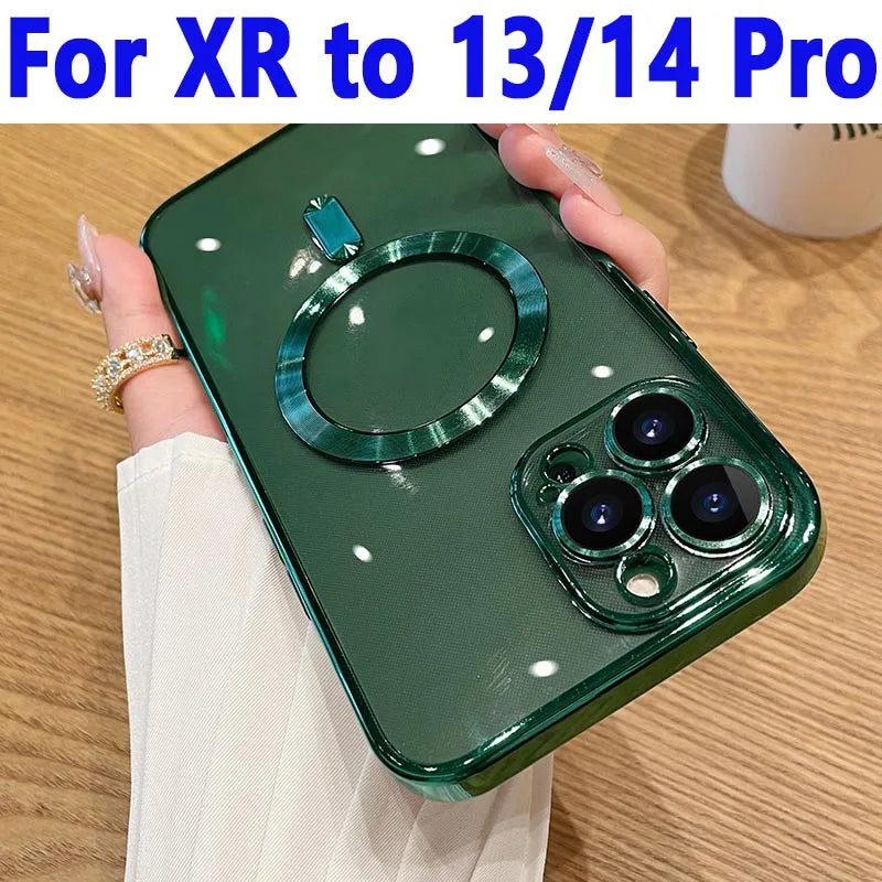 Plating Clear Cover For iPhone XR to 13 Pro Magnetic Wireless Charging Case For XR like 13 Pro 14 Pro,  DIY XR to 13 Pro 14 Pro