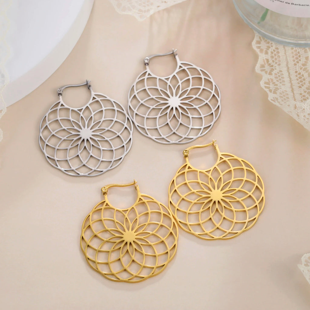 Unift Mandala Flower of Life Women Hoop Earrings Stainless Steel Big Earrings Vintage Piercing Jewelry Sacred Amulet Party Gift