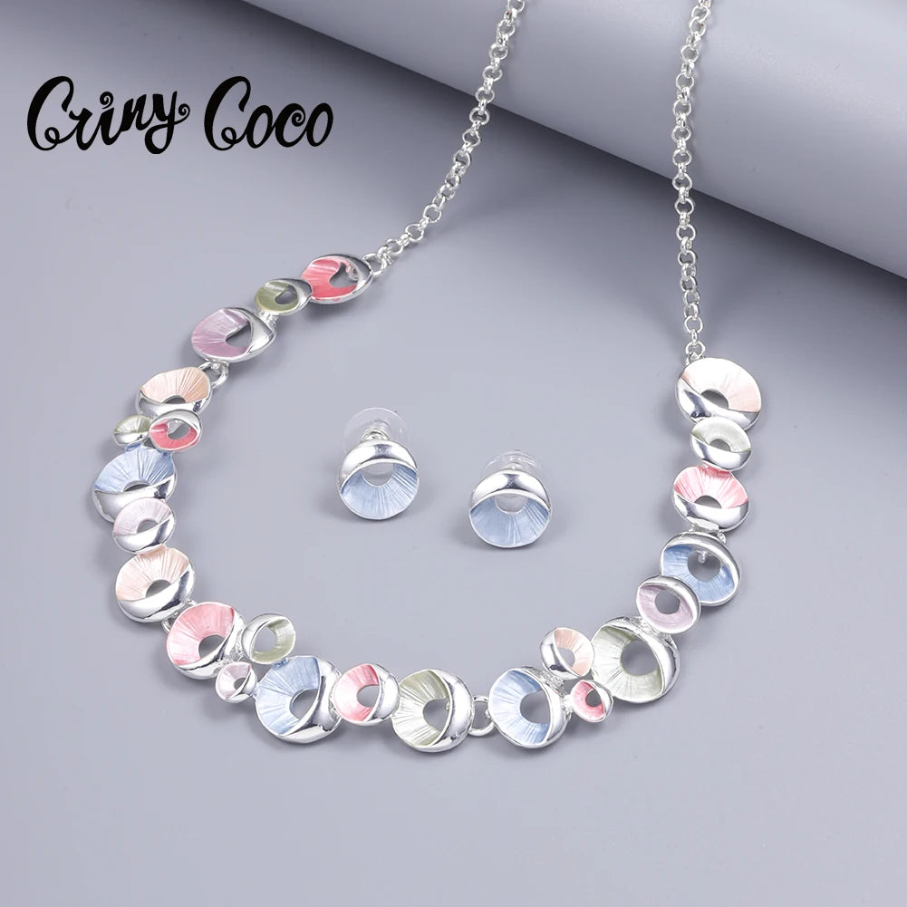 Cring Coco Necklace Set Women's Trendy Round Choker Chain Statement Necklaces Silver Color Earrings Jewelry Sets for Wedding