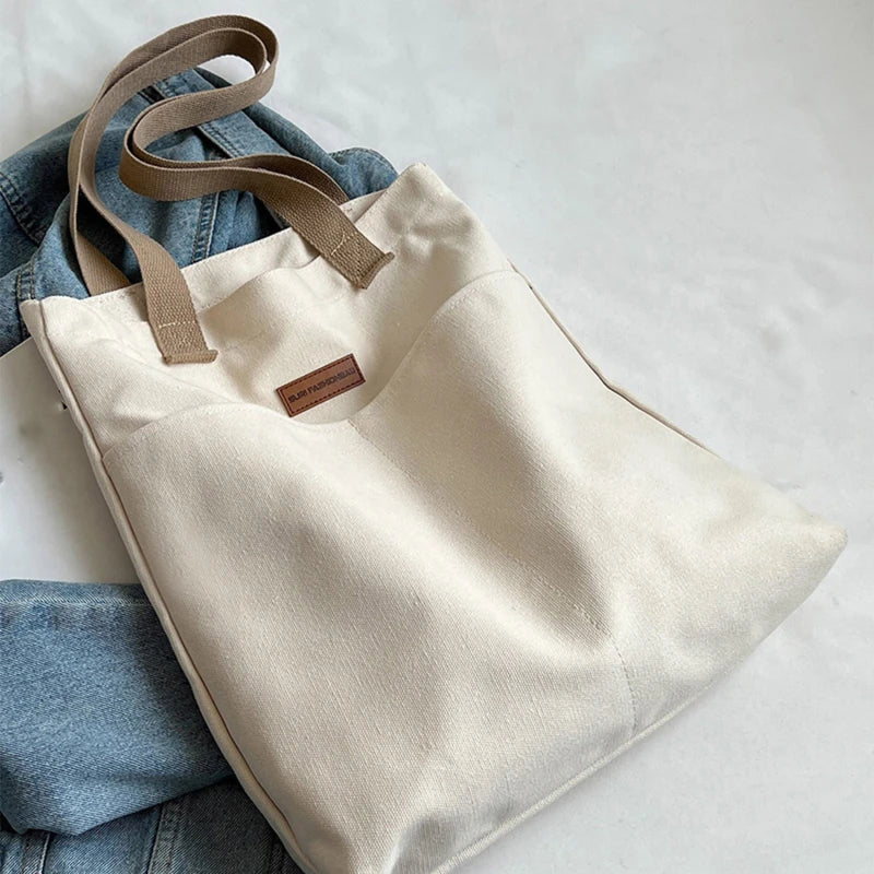 Women Canvas Tote Bag Solid Color Designer Ladies Casual Handbag Shoulder Bag Large Capacity Cotton Reusable Shopping Beach Bag