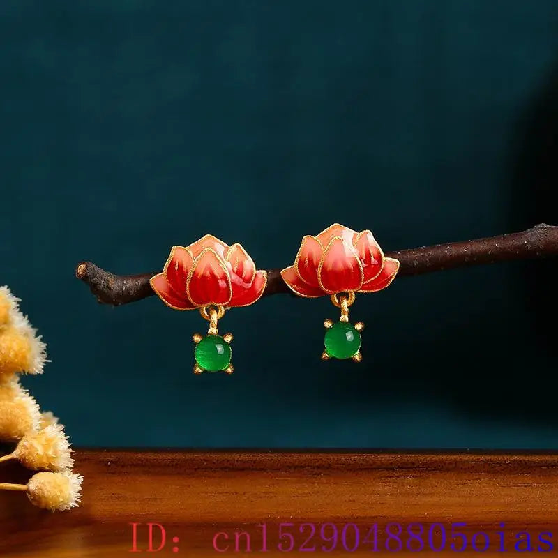 Green real jade lotus earrings stone women gift ear studs carved luxury designer talismans natural jewelry 18k gold plated