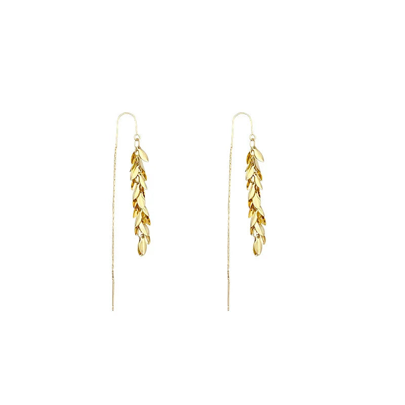 New Yerik Drop Earrings For Women Romantic Wheat Ear Shape Gold Color Long Tassel Ear Line Fashion Female Jewelry Ladies Gift