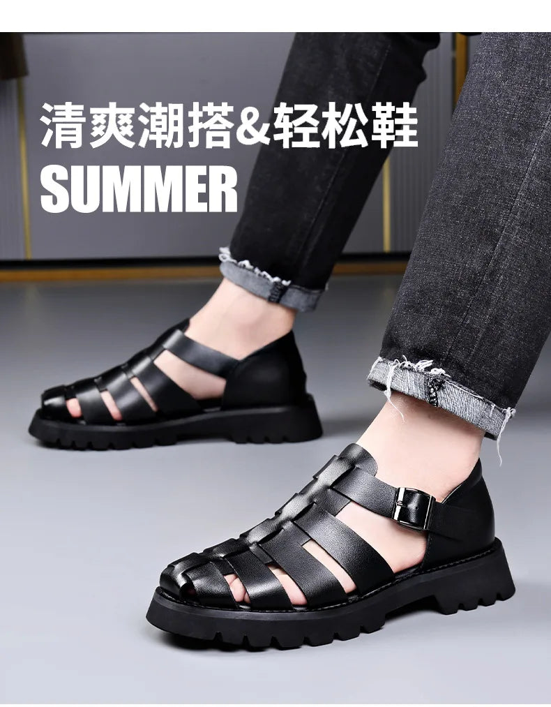 Summer Gladiator Sandals New Breathable Casual Men Genuine Leather Sandals Hollow Beach Shoes Men Black Sizes 38-48 Men sandals