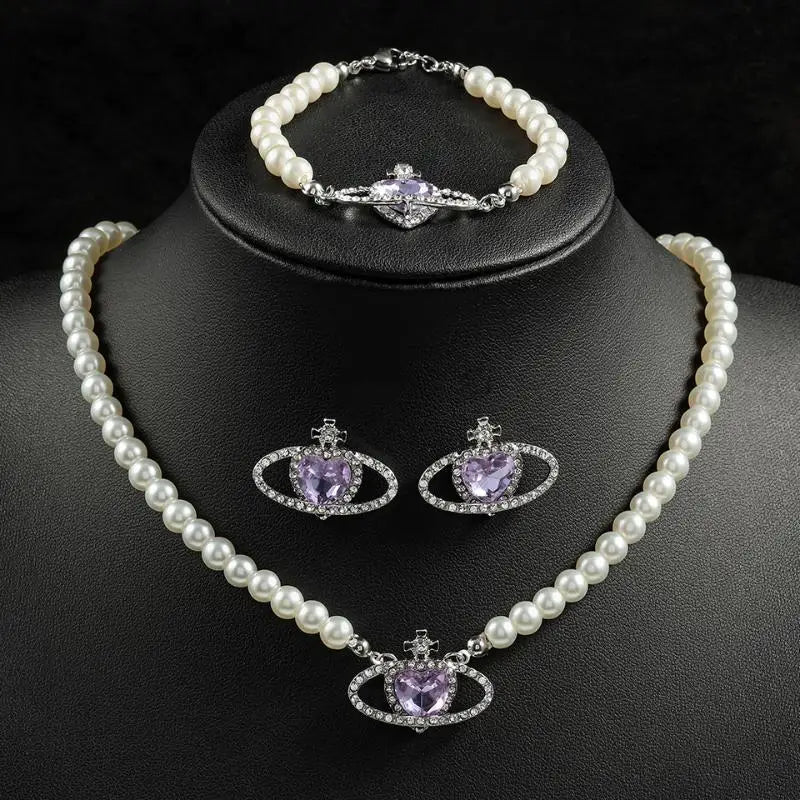 Luxury Purple Crystal Planet Heart Earrings Bracelet Necklace Set For Women Exquisite Imitation Pearl Wedding Bride Jewelry