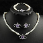 Load image into Gallery viewer, Luxury Purple Crystal Planet Heart Earrings Bracelet Necklace Set For Women Exquisite Imitation Pearl Wedding Bride Jewelry
