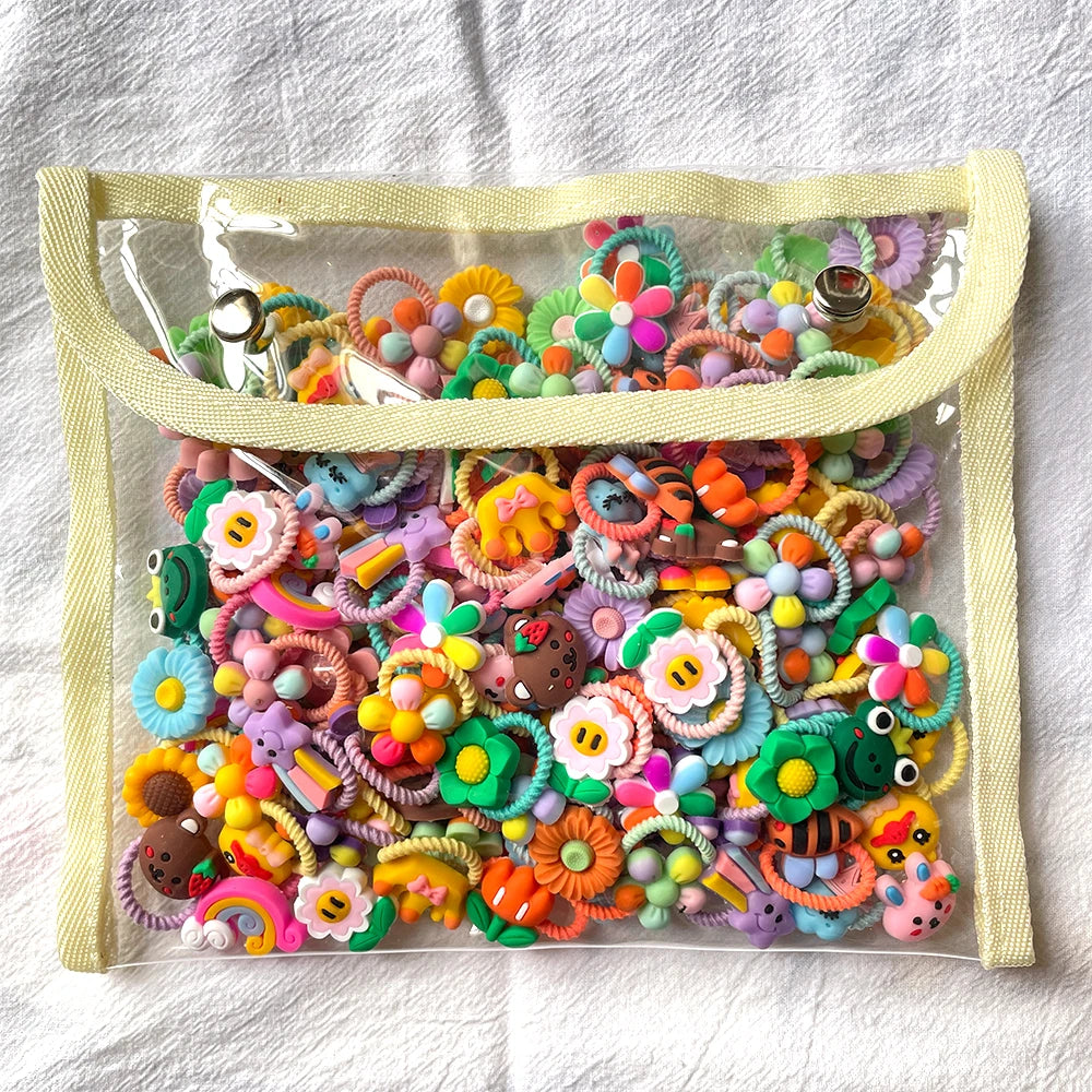 50PCS Girls Cartoon Flower Fruit Elastic Hair Bands Cute Ponytail Hold Hair Tie Rubber Bands Scrunchie Kids Hair Accessories