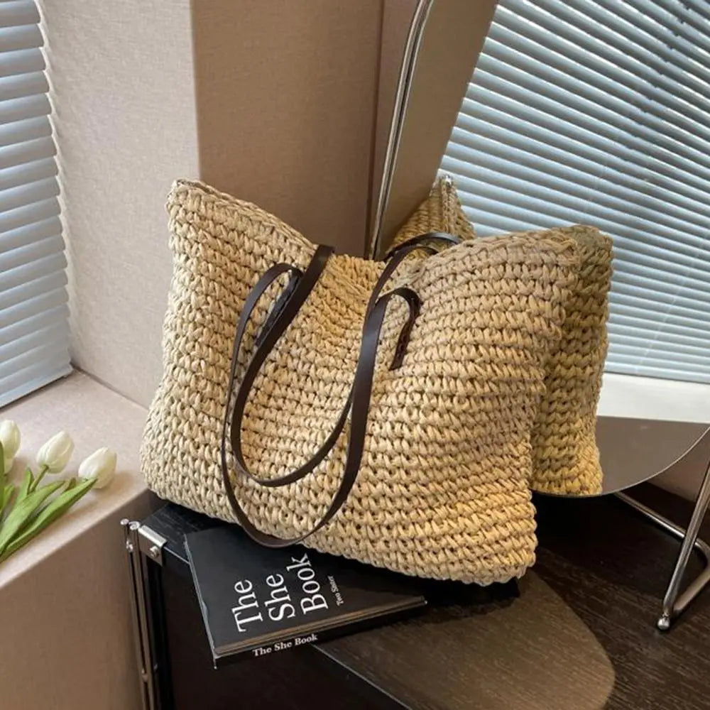 Luxury Design Straw Woven Tote Bags Summer Casual Large Capacity Handbags New Fashion Beach Women Shoulder Simple Style Shopping