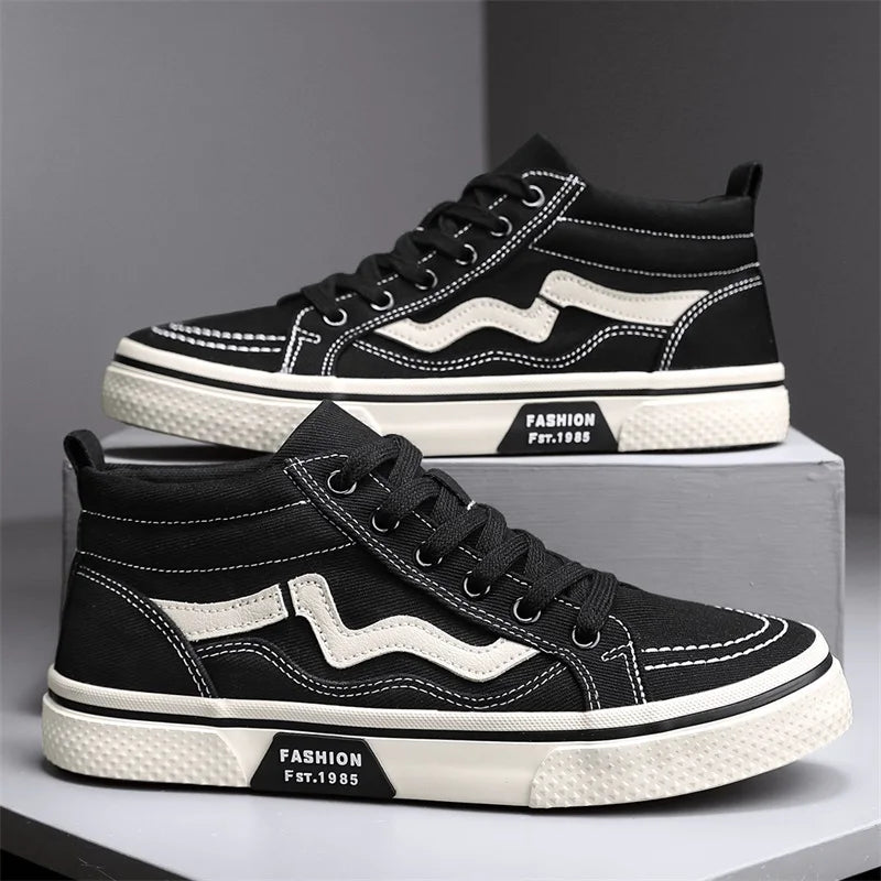 Fashion Trend Canvas Shoes for Men Black Style Couple Skateboard Shoes Casual Round Toe Lace Up Vulcanized Bottom Shoes