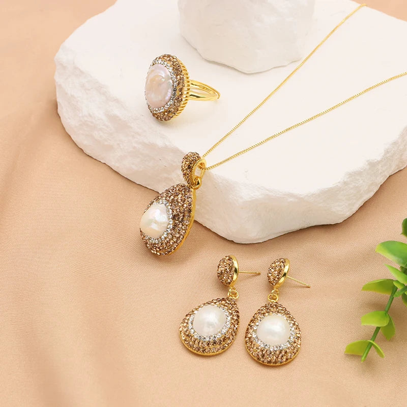 Natural Baroque Pearl Inlaid Water Diamond Women's Jewelry Set Necklace Earrings Ring Ladies Exquisite Jewelry