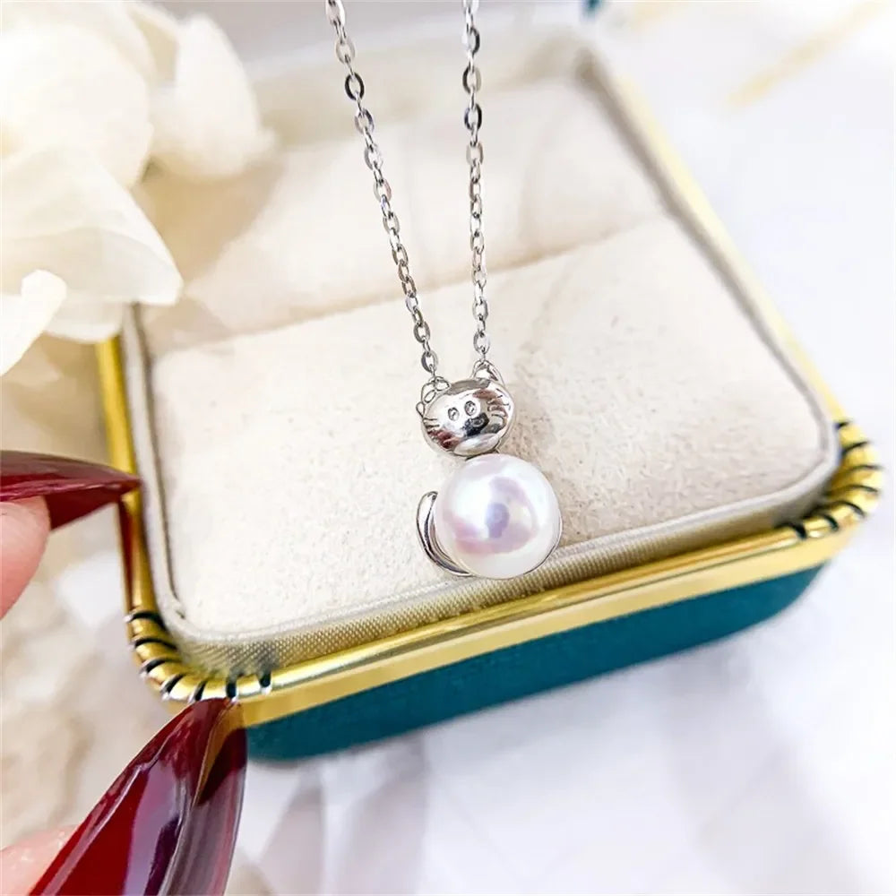 DIY Pearl Accessories S925 Pure Silver Set Chain Empty Cat Pendant with Silver Chain Fit 6-8mm Round Flat Beads L043