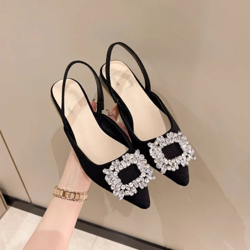 Beige Heeled Sandals Clear Shoes 2023 Women's Black Rhinestone Medium Pointed Closed New Spring Gladiator Block Girls