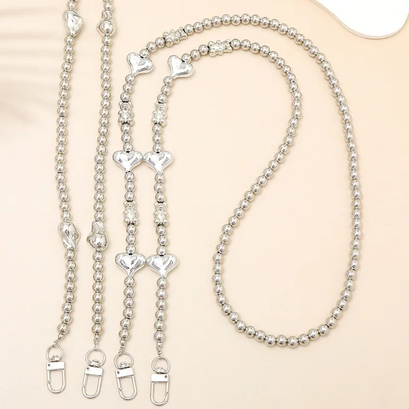 Fashion Metal Mobile Phone Chain Silver Heart Beaded Long Corssbody Lanyard Strap For Women Phone Bag Bag Cup Hanging Chain