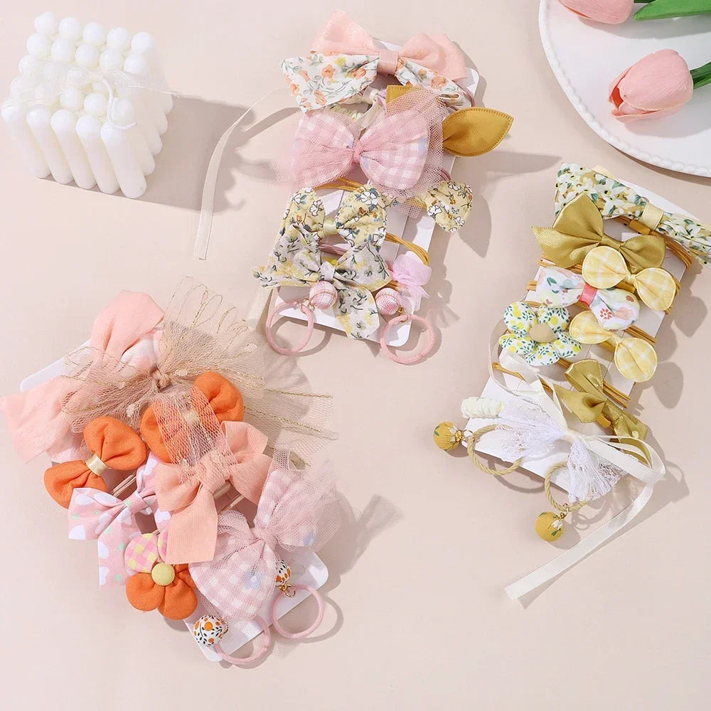 10Pcs/Set Girls Cartoon Hair Band Bow Hair Ties Flower Headbands Princess Elastic Rubber Bands Kids Hair Accessories