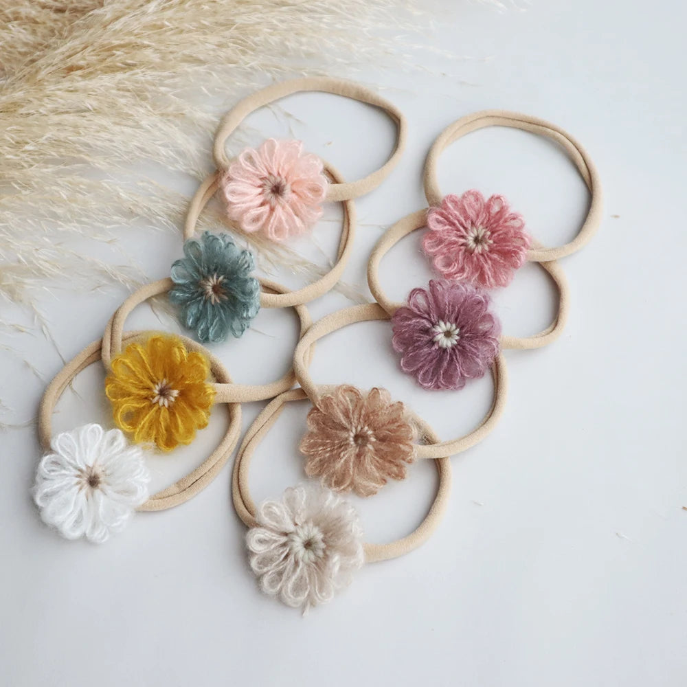 1.6in Woolen Flowers Baby Girls Nylon Headbands Handmade Kid Elastic Hairbands Children Hair Accessories Vintage Toddler Winter