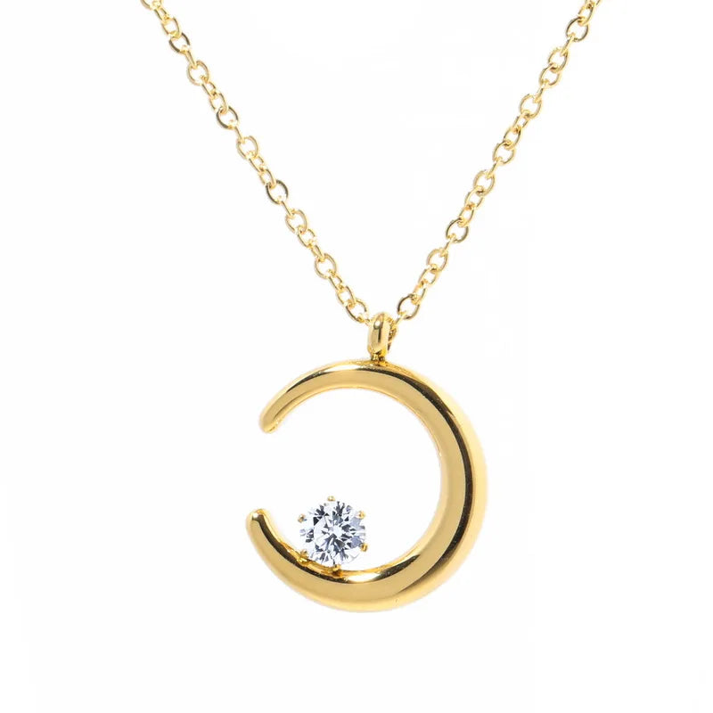 316L Stainless Steel Simplicity Moon Zircon Pendant Clavicle Chain Ladies Necklace Fashion Exquisite Jewelry