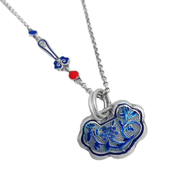 Original 925 Silver Faceted Blue Orchid Enamel Ruyi Necklace for Women Charms Exquisite Pendant Clavicle Chain Banquet Jewelry