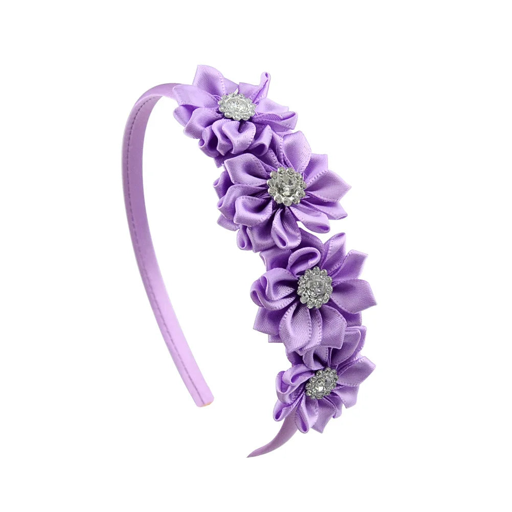 1PC Cute Hairband Kids Princess Headwear Boutique Triple Satin Flowers with Zircon Hair Accessories Head Hoop for Girls Headband