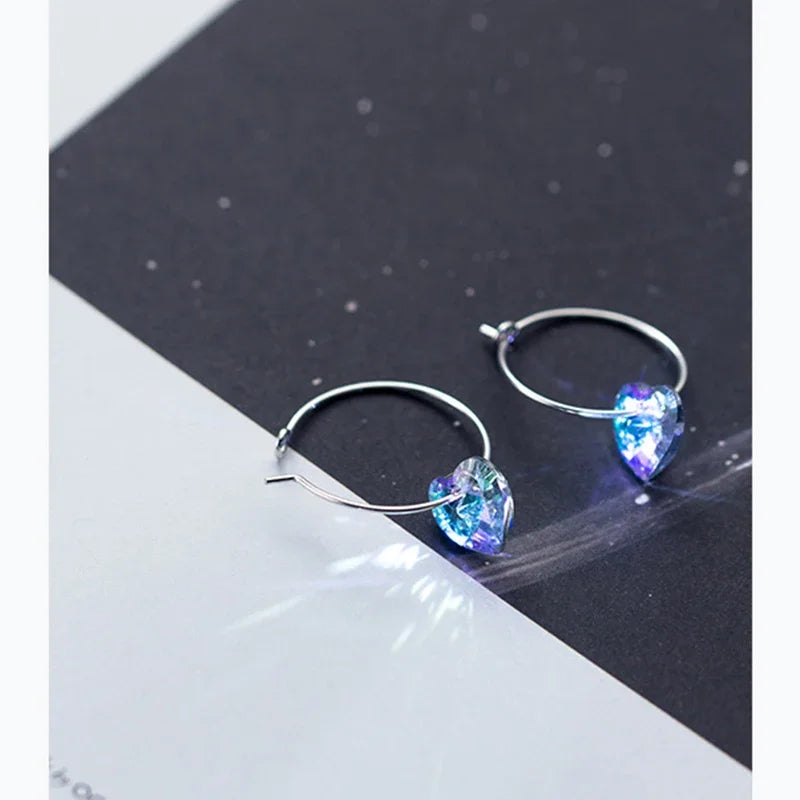 Anglang Heart Gradient Blue Purple Crystal 925 Sterling Silver Hoop Earrings for Women Female Trendy Party Fine Jewelry YEA365