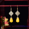 Yellow Jade Flower Earrings Natural Jewelry Gemstone Women Luxury Real Gemstones Talismans Accessories 925 Silver Amulet Carved