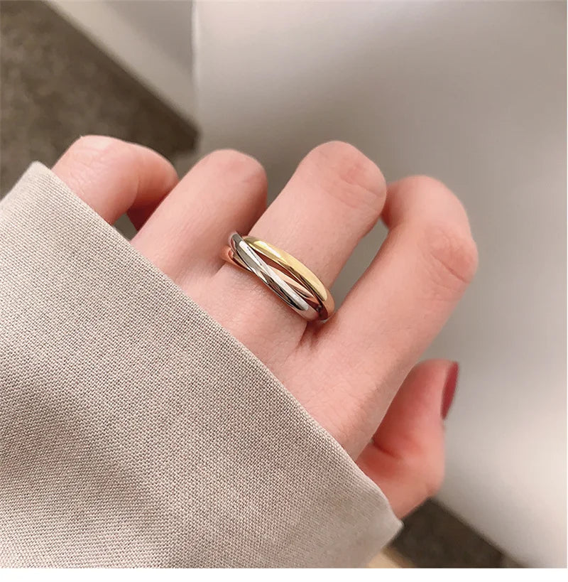 Classic Gold Color Triple Rolling Ring Three In One Sets Stainless Steel Wedding Engagement Female Interlocked Stackable Ring