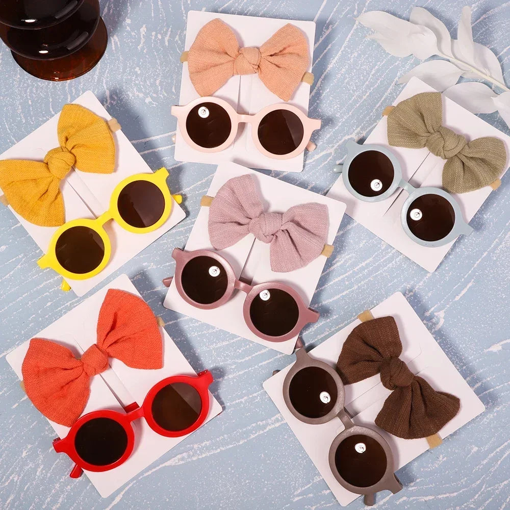 2Pcs/set Kids Summer Round Sunglasses Bows Headband Gift Sets Children Lovely Glasses Protection Hair Accessories for Girls