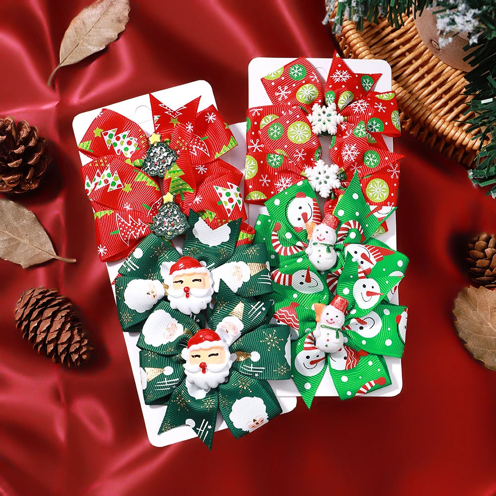 4Pcs/Set Baby Girls Christmas Snowman Bows Hair Clips for Kids Funny Ribbon Bowknot Hairpin Headwear Hair Accessories Gifts