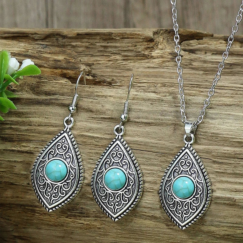 1Set Vintage National Imitation Turquoise Women's Earring Necklace Set Antique Silver Alloy Green Earring Necklace