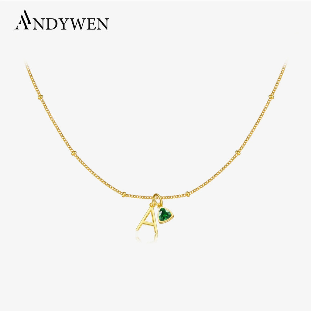 ANDYWEN 925 Sterling Silver Gold Initial E S C Birthstone Zircon Charm Necklace Accessories Long Chain Women Wedding Jewelry