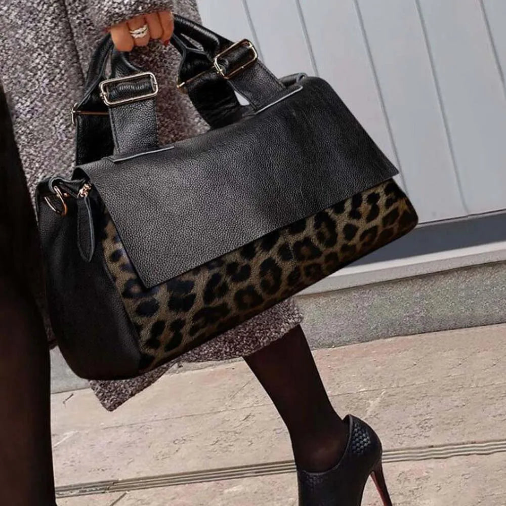 Genuine Leather Tote Handbags for Women, Leopard Shaped Cow Skin Office Bag with Long Strap, Luxury Crossbody Shoulder Bags