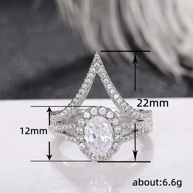Trendy Luxury Creative V Shape Design New Women Rings Dazzling Silver Color Zircon Female Accessories Engagement Party Jewelry