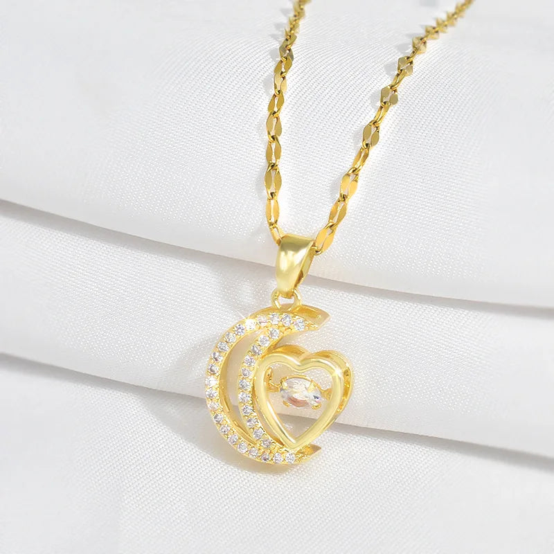 Titanium steel moon heart dynamic micro set golden necklace women's  clavicle chain accessories