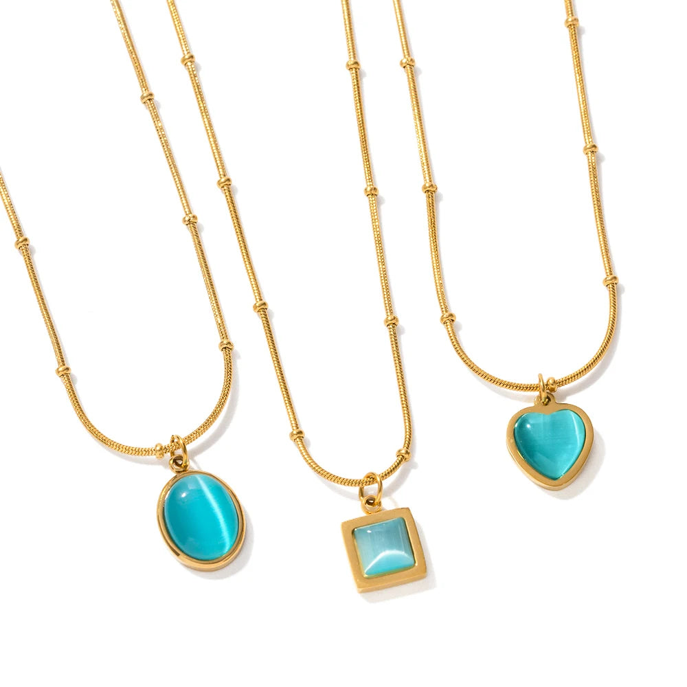 Uworld 18K Gold Plating Handmade Chain Stainless Steel Blue Cat Eye Natural Stone Oval Square Pendant Necklace Set for Women