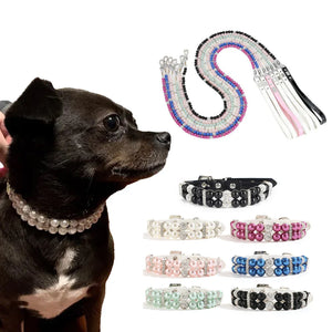 PU Cat Dog Collar and Leash Set Pet Outdoor Walking Supplies for Small Dogs Cats Luxury Pearl Puppy Necklace Accessories