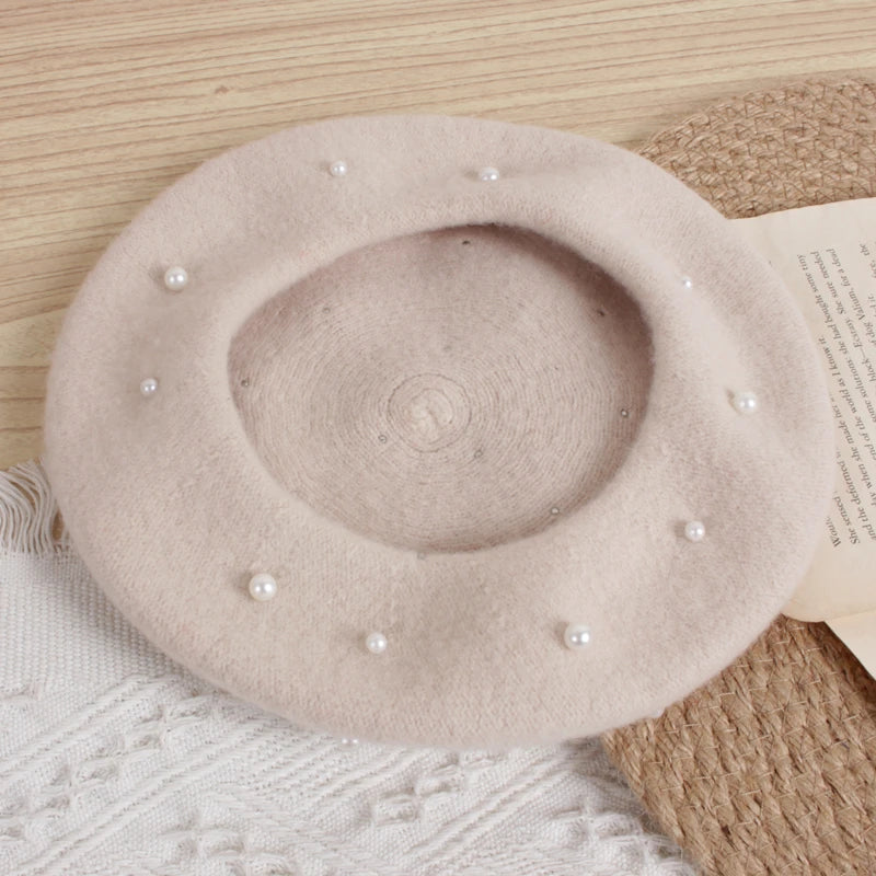 Wool Kids Girls Hat with Pearls Retro Baby Beret Hats for Girls Autumn Kids Winter Cap for Children Accessories 2-6Y