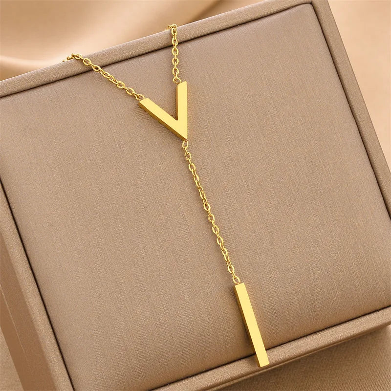 316L Stainless Steel Letter V Pendant Charms Necklace Romantic Minimalist Short Clavicle Chain Tassel Choker Gift For Girlfriend