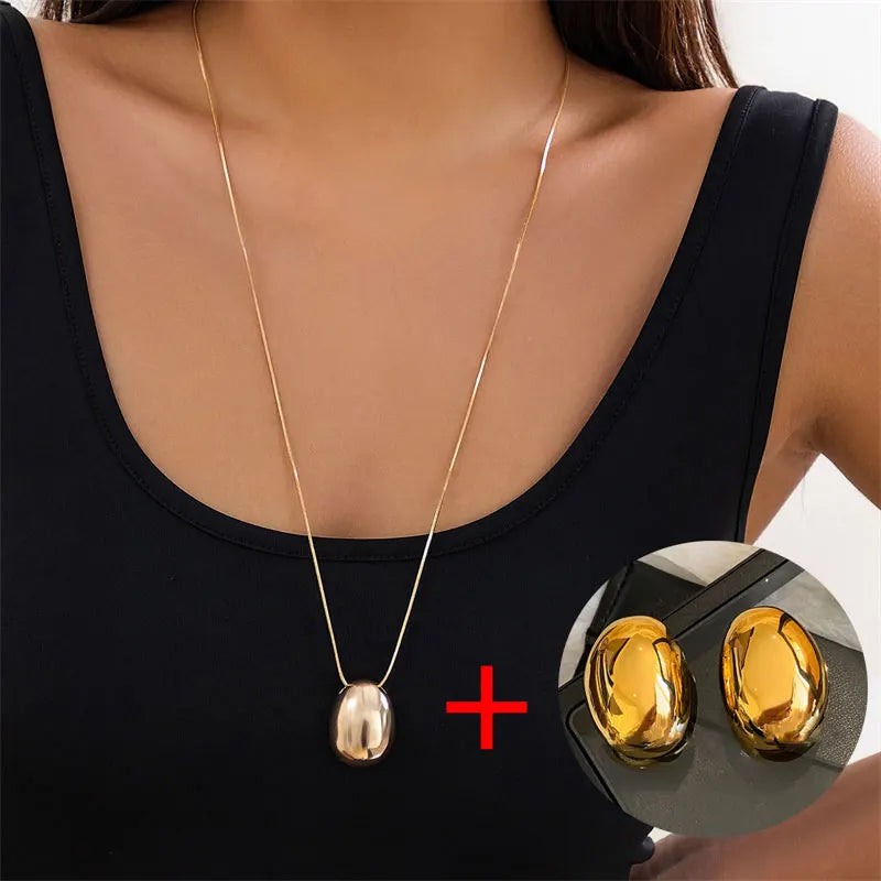 Fashion jewelry popular style earring necklace set chian smooth oval metal pendant necklace for women girl gift  accessories