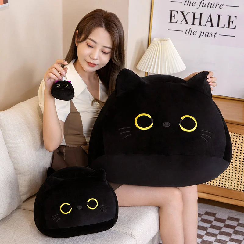 9/15/25CM Kawaii Small Cuddly Black Cat Plush Doll Cartoon Stuffed Round Ball Cat Plushie Girl's Bag Keychain Pendant Toys