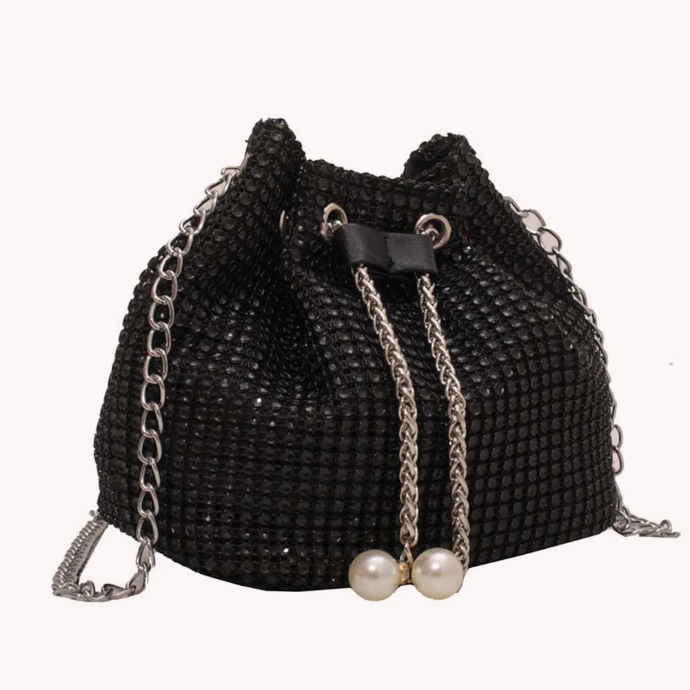 Women Luxury Shoulder Bag Solid Color Rhinestone Glittering Satchel Bag Drawstring Shinny Sling Purse Dinner Party Bag