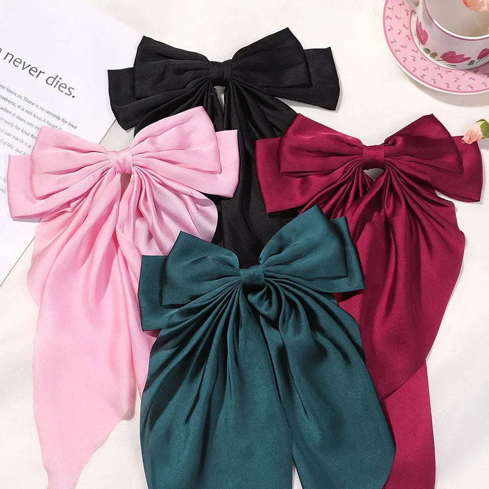 2PCS Elegant Bow Ribbon Hair Clip Fashion Solid Bowknot Satin Hairpin Barrettes Girls Ponytail Clip Women Hair Accessories 14Y+