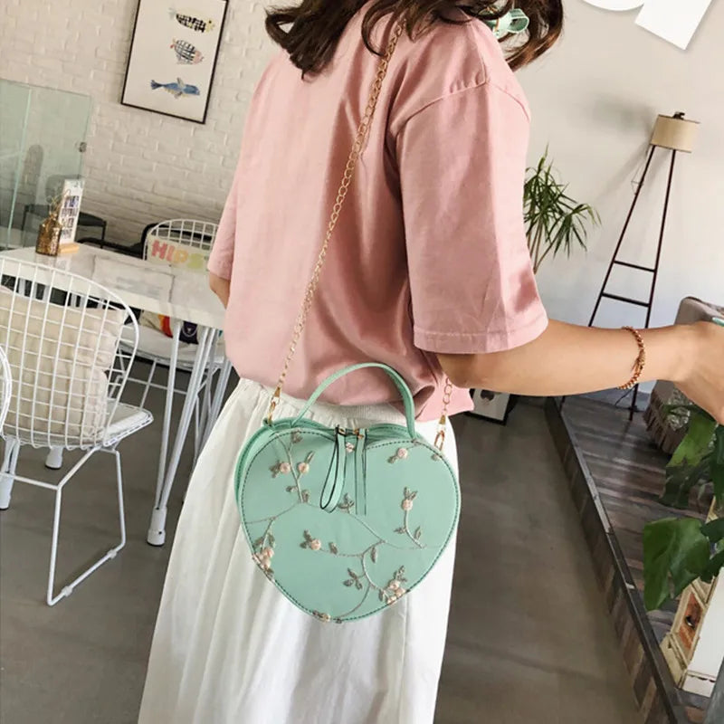 Female Sweet Lace Heart Round Handbags High Quality PU Leather Cross Body Bags for Women Small Fresh Flower Chain Shoulder Bags