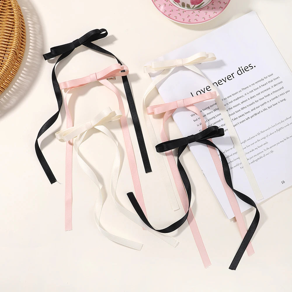 2pcs 2024 New Cute Ribbon Bow Headband Long Tassel Hair Clip Women's Hair Accessories Girls Party Headwear Side Clips Wholesale