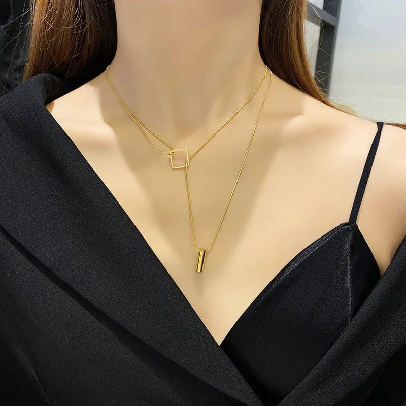 ANENJERY 316L Stainless Steel Necklace for Women Geometric Multilayer Clavicle Necklace Festive Party Jewelry Gift collier