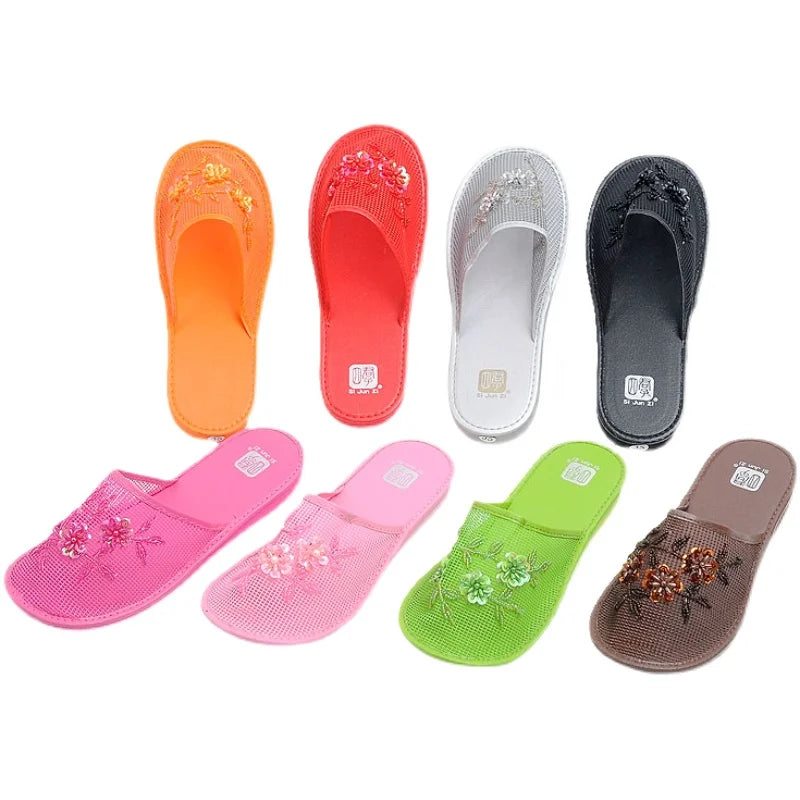 Women Stylish Mesh Floral Slippers Flats Flip Flop Loafers Ladies Mules Fresh Breathable Home Floor Parent-Child Eva Bottom