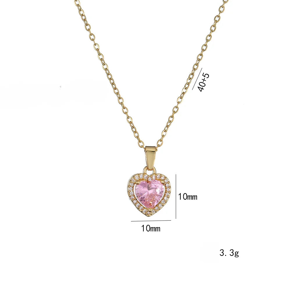 Stainless Steel Chain Pink Heart-shaped Zircon Pendant Necklace for Women Lady Sweet Jewelry Accessories Gifts