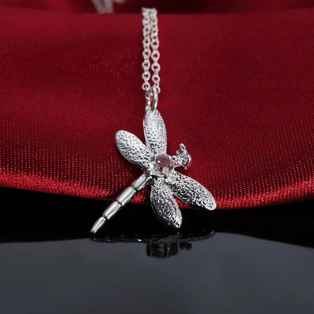 Fashion fine 925 sterling silver women Crystal dragonfly pendant necklace earring ring Jewelry set Party wedding gifts