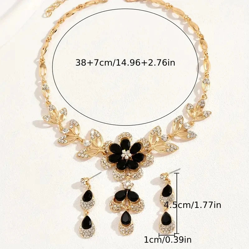 3 Pcs Fashion Jewelry Set Luxurious Rhinestone Crystal Flower Earrings Elegant Women's Banquet Wedding Accessories Necklace Set