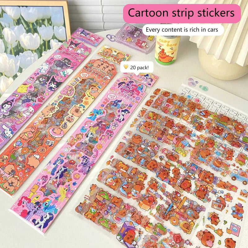 20Stickers Cartoon Cinnamoroll Kuromi Melody Capybara PET Waterproof Pocket Decoration Sticker Hand Account Decorate Set