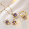 Sweet flower purple Zircon Pendant Necklace Earrings Set for Women Girls Stainless Steel Chain Party Accessories Jewelry